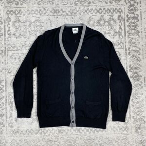 LACOSTE Cardigan Black Stripe Trim Button V- Neck Casual Preppy Size 4
